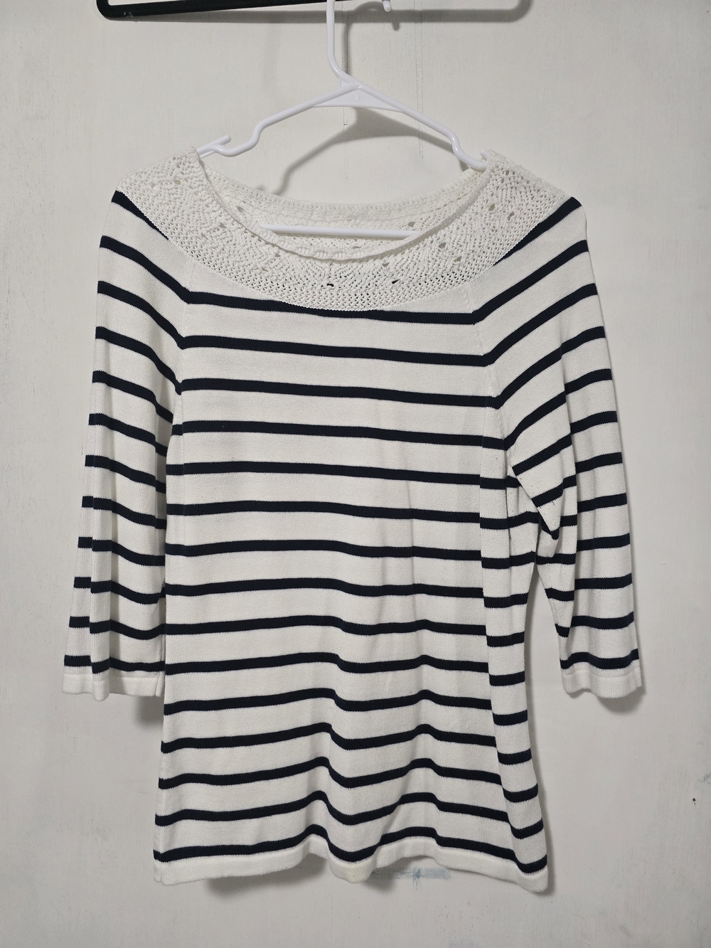 Chaps Navy and White Striped Boatneck Top with Crochet Yoke